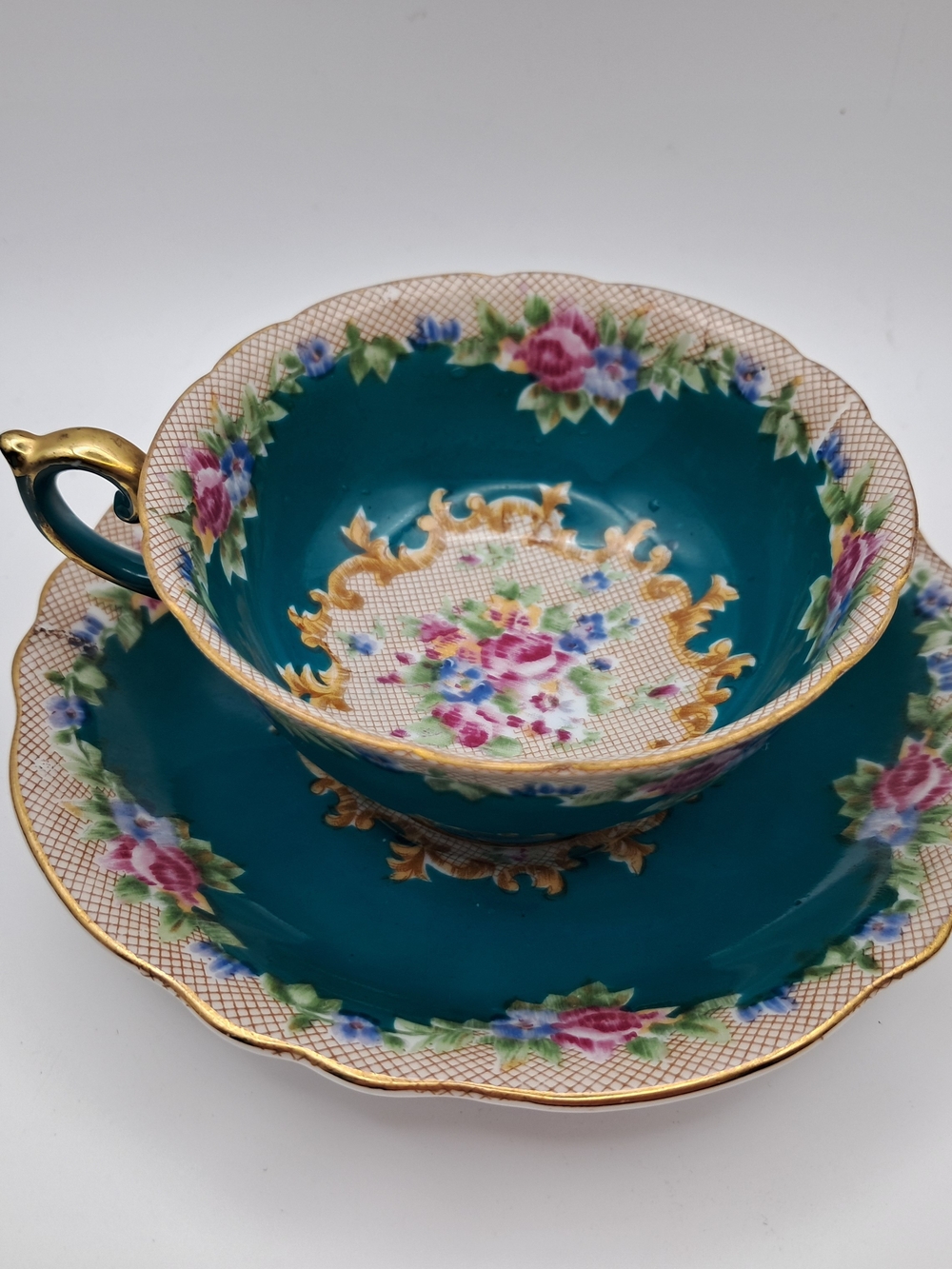 Vtg Orion China Teacup Saucer Teal Gold Chintz Floral Handpainted Occupied Japan